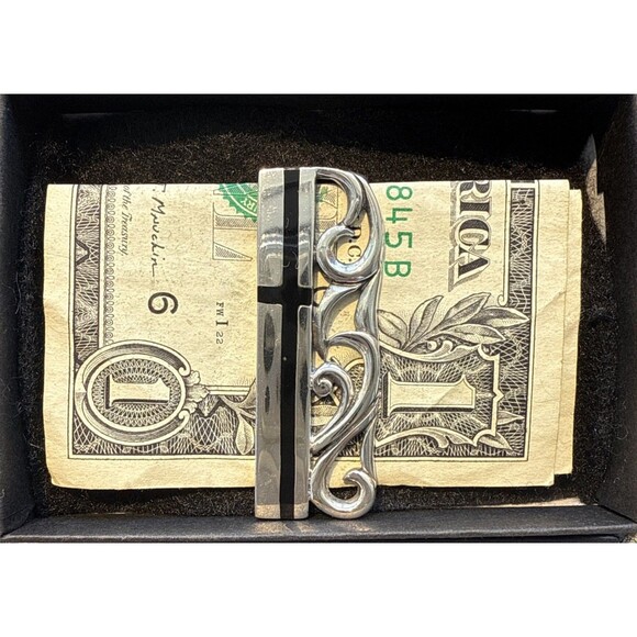 Sterling Silver And Black Enamel Tribal Celtic Money Clip 925 Handmade - Picture 4 of 5